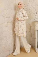 Tesettür giyim EKRU DESENLİ MANŞETLERİ LASTİKLİ PANTOLONLU TRİKO TAKIM T 3008