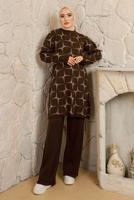 Tesettür giyim KAHVE DESENLİ MANŞETLERİ LASTİKLİ PANTOLONLU TRİKO TAKIM T 3008