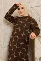 Tesettür giyim KAHVE DESENLİ MANŞETLERİ LASTİKLİ PANTOLONLU TRİKO TAKIM T 3008