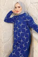 Tesettür giyim LACİVERT DESENLİ MANŞETLERİ LASTİKLİ PANTOLONLU TRİKO TAKIM T 3008