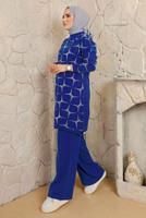 Tesettür giyim LACİVERT DESENLİ MANŞETLERİ LASTİKLİ PANTOLONLU TRİKO TAKIM T 3008