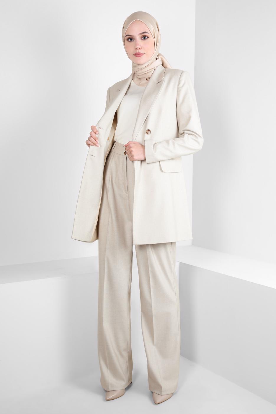 Tesettür giyim BEJ ALVİNA KRUVAZE YAKA PANTOLONLU TAKIM T 30400