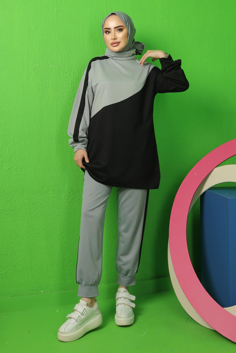 Tesettür giyim SİYAH RENK BLOKLU PANTOLONLU EŞOFMAN TAKIM T 3043