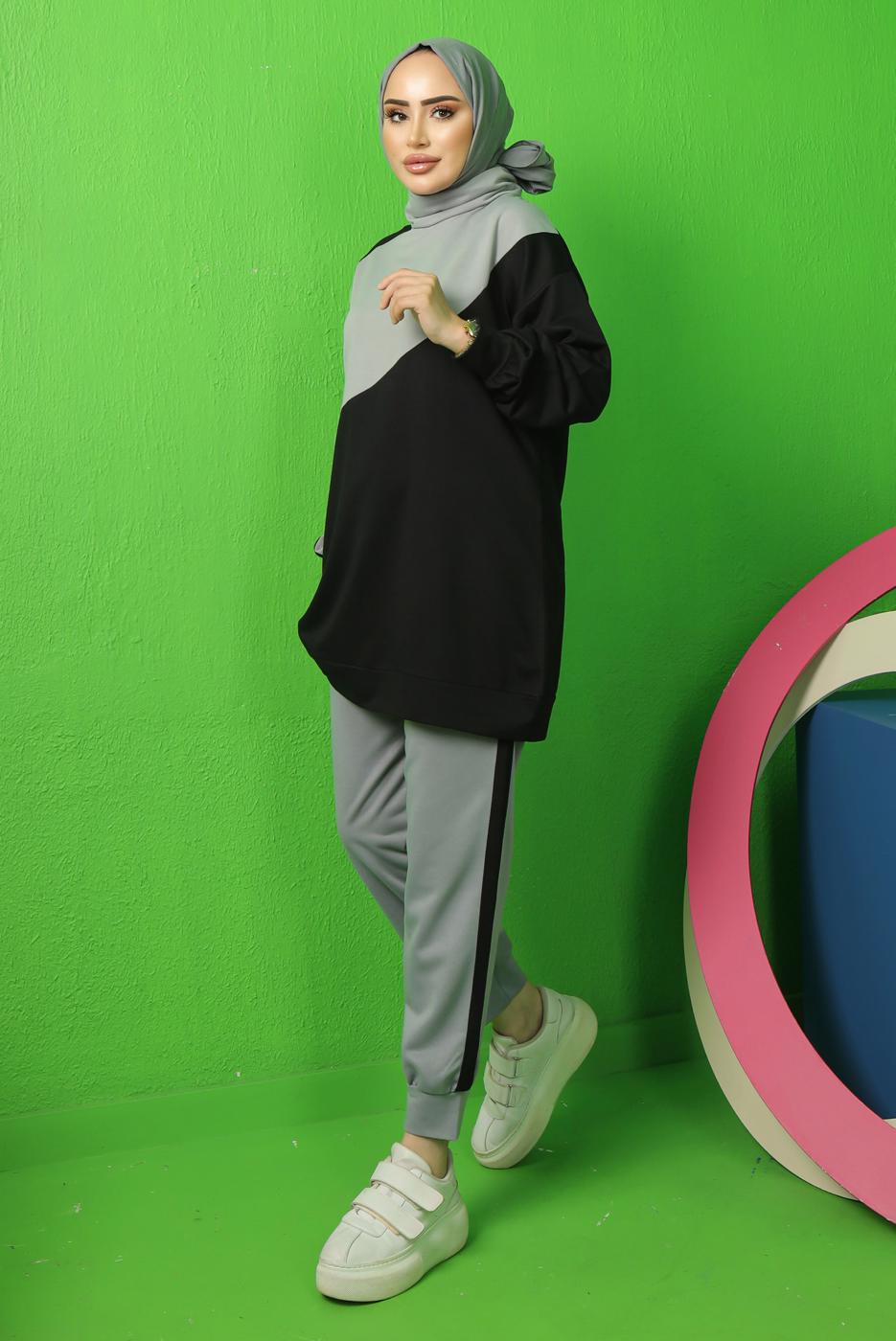 Tesettür giyim SİYAH RENK BLOKLU PANTOLONLU EŞOFMAN TAKIM T 3043