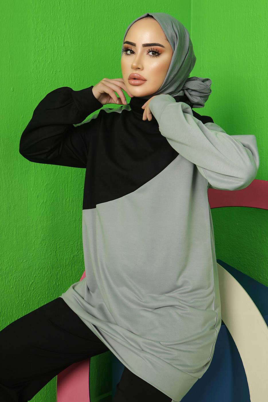 Tesettür giyim GRİ RENK BLOKLU PANTOLONLU EŞOFMAN TAKIM T 3043