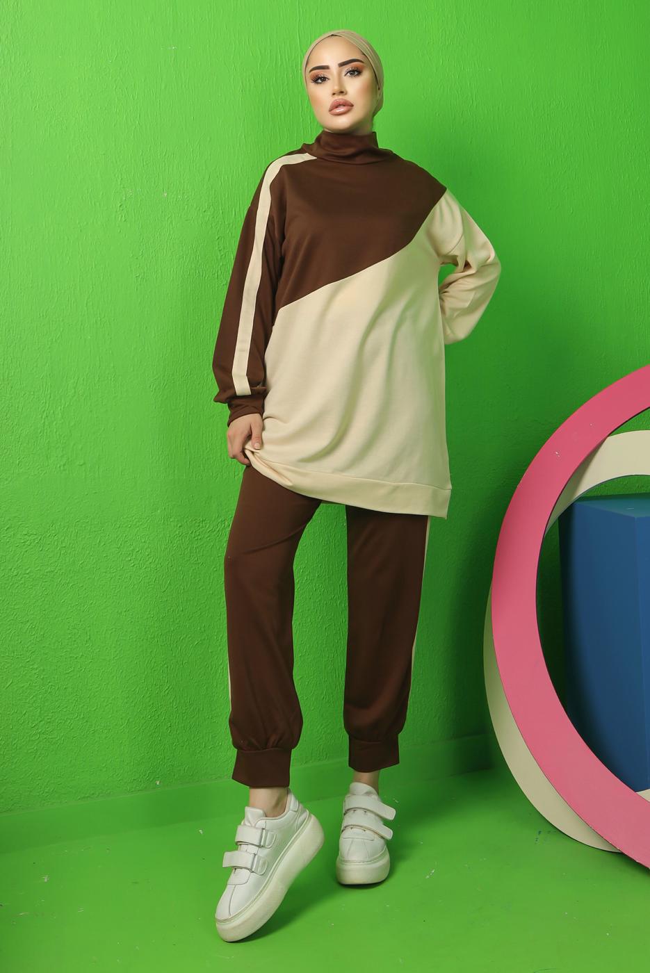 Tesettür giyim KAHVE RENK BLOKLU PANTOLONLU EŞOFMAN TAKIM T 3043