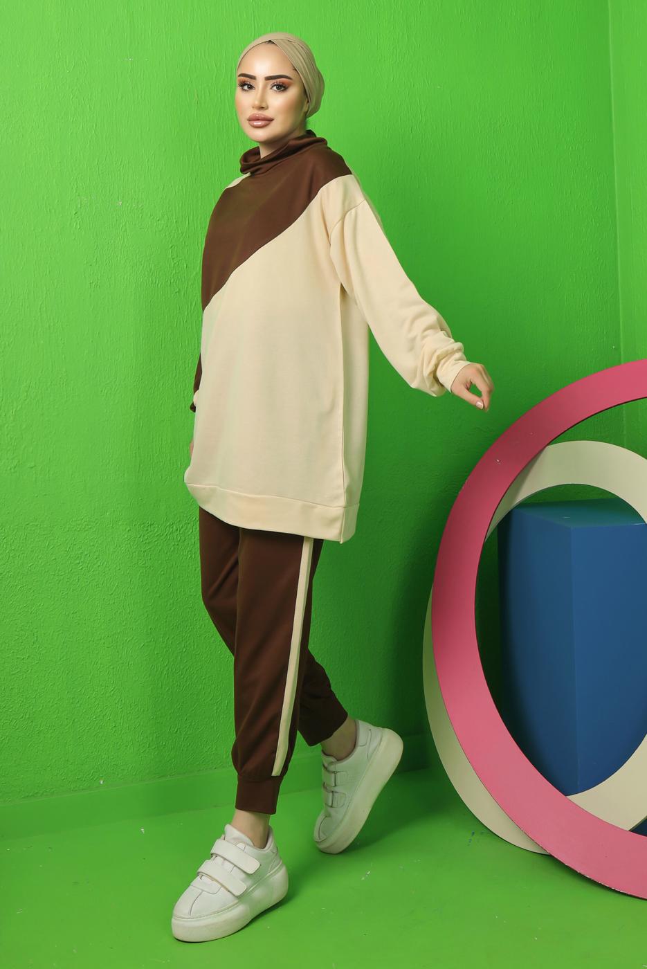 Tesettür giyim KAHVE RENK BLOKLU PANTOLONLU EŞOFMAN TAKIM T 3043