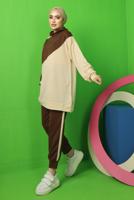 Tesettür giyim KAHVE RENK BLOKLU PANTOLONLU EŞOFMAN TAKIM T 3043