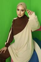 Tesettür giyim KAHVE RENK BLOKLU PANTOLONLU EŞOFMAN TAKIM T 3043