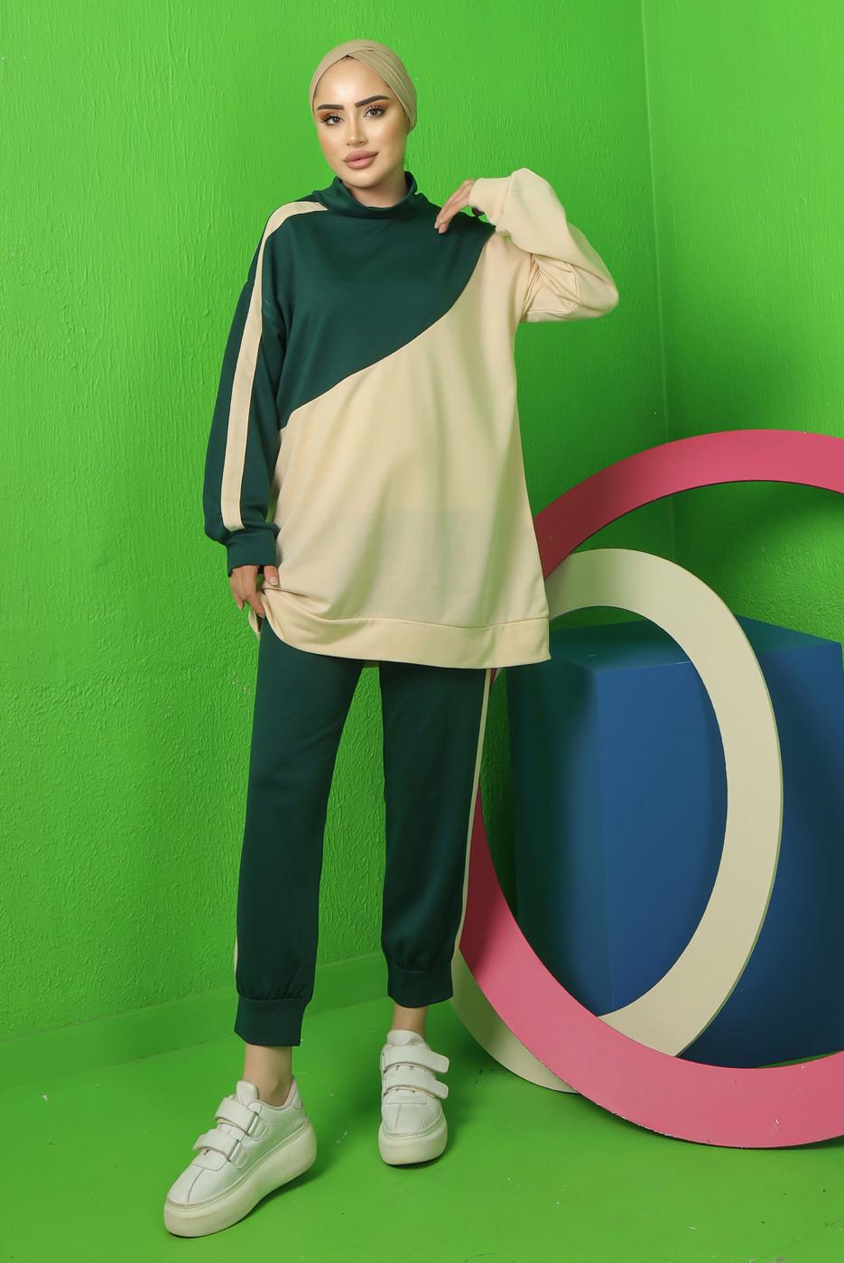 Tesettür giyim YEŞİL RENK BLOKLU PANTOLONLU EŞOFMAN TAKIM T 3043