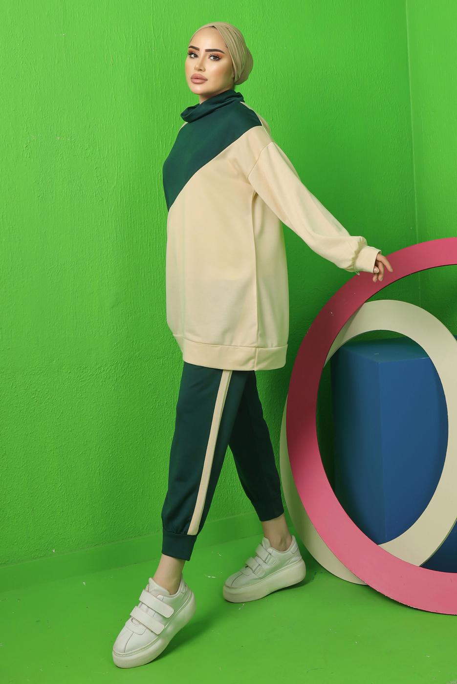 Tesettür giyim YEŞİL RENK BLOKLU PANTOLONLU EŞOFMAN TAKIM T 3043