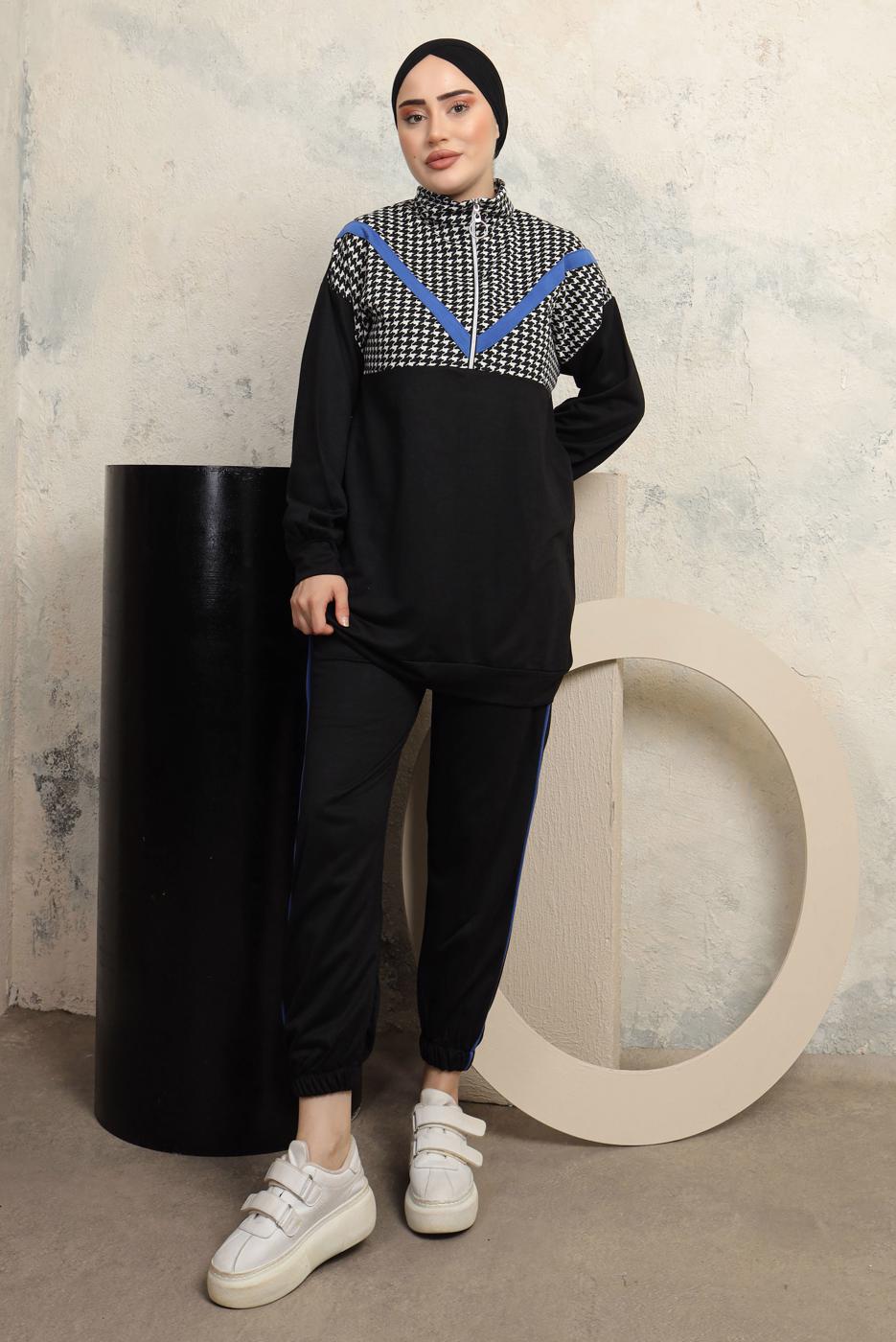 Tesettür giyim SİYAH KAZAYAĞI DESENLİ PANTOLONLU EŞOFMAN TAKIM T 3143