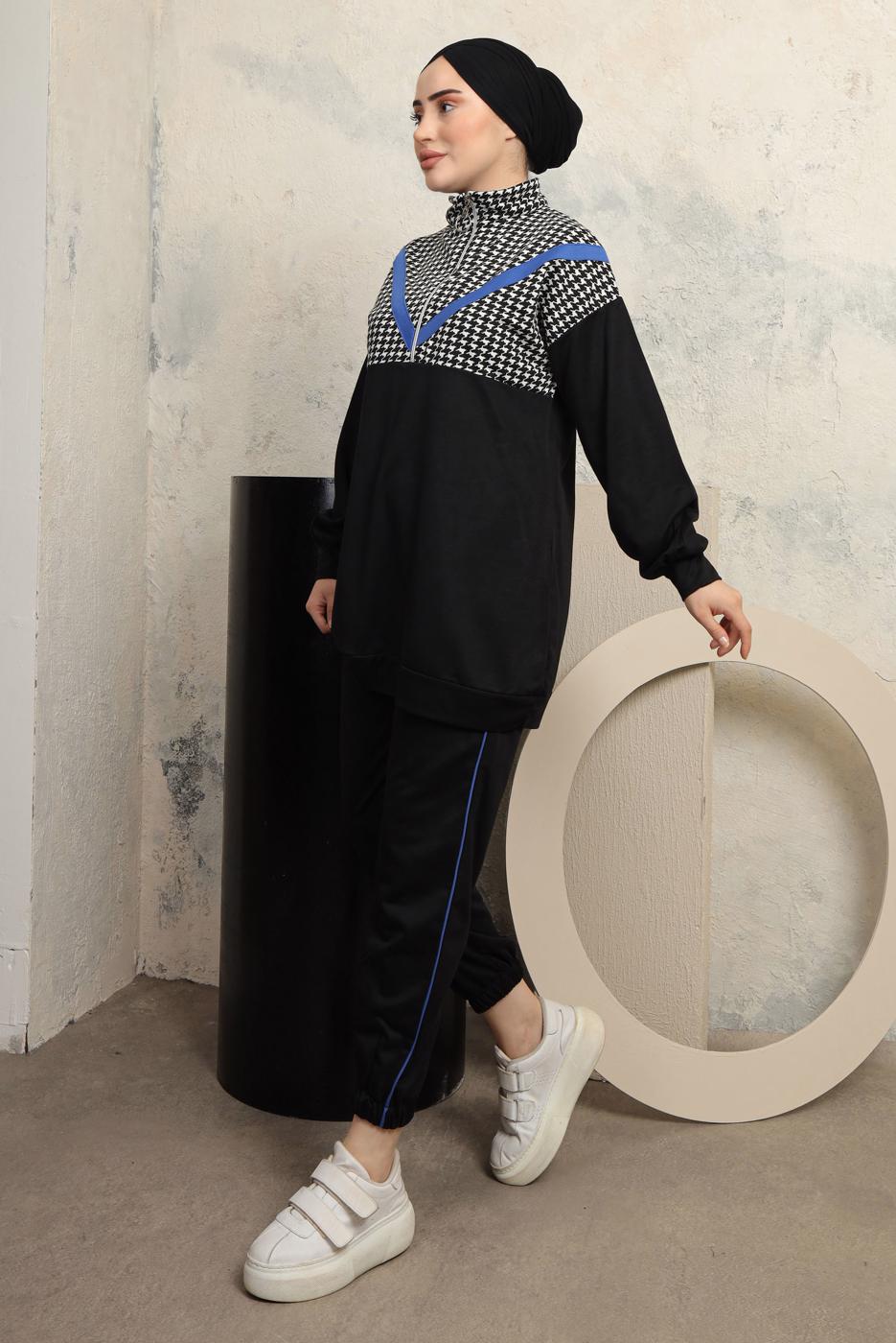 Tesettür giyim SİYAH KAZAYAĞI DESENLİ PANTOLONLU EŞOFMAN TAKIM T 3143