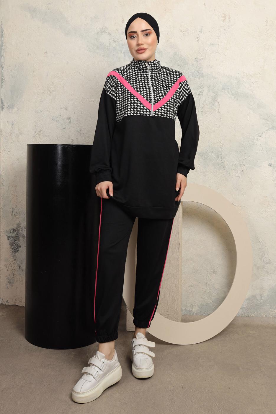 Tesettür giyim SİYAH KAZAYAĞI DESENLİ PANTOLONLU EŞOFMAN TAKIM T 3143