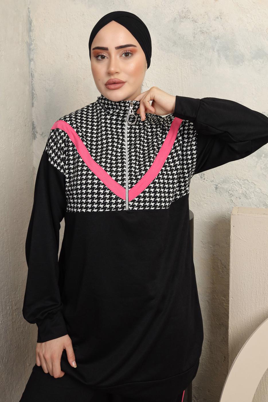 Tesettür giyim SİYAH KAZAYAĞI DESENLİ PANTOLONLU EŞOFMAN TAKIM T 3143