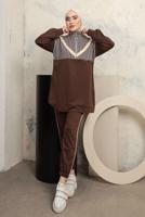 Tesettür giyim KAHVE KAZAYAĞI DESENLİ PANTOLONLU EŞOFMAN TAKIM T 3143