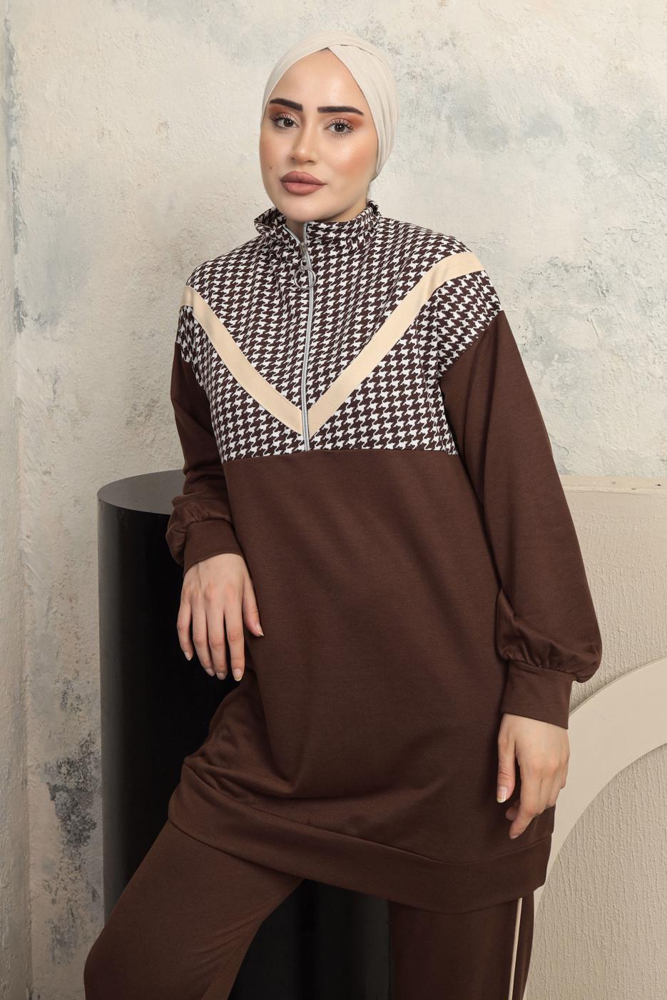 Tesettür giyim KAHVE KAZAYAĞI DESENLİ PANTOLONLU EŞOFMAN TAKIM T 3143