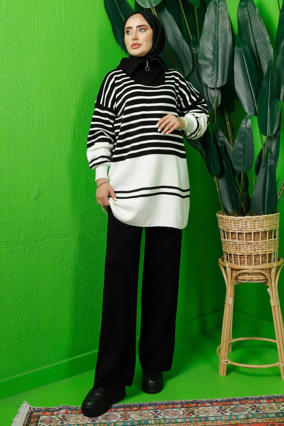 Tesettür giyim SİYAH FERMUAR DETAYLI ÇİZGİLİ PANTOLONLU TRİKO TAKIM T 3208