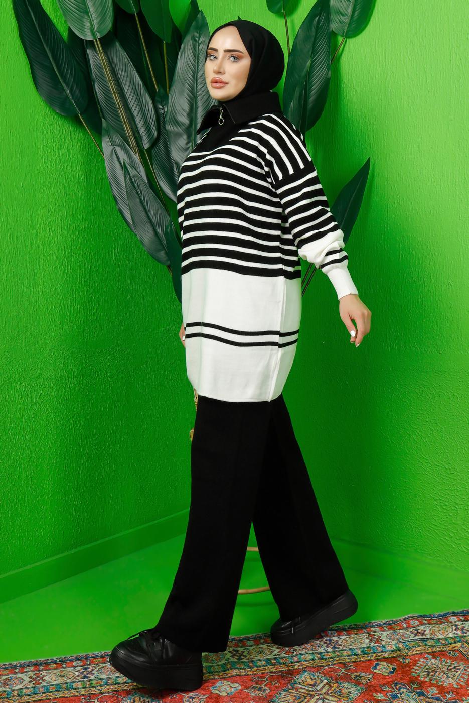 Tesettür giyim SİYAH FERMUAR DETAYLI ÇİZGİLİ PANTOLONLU TRİKO TAKIM T 3208