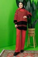 Tesettür giyim TURUNCU FERMUAR DETAYLI ÇİZGİLİ PANTOLONLU TRİKO TAKIM T 3208