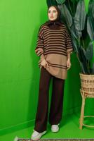 Tesettür giyim KAHVE FERMUAR DETAYLI ÇİZGİLİ PANTOLONLU TRİKO TAKIM T 3208