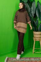 Tesettür giyim KAHVE FERMUAR DETAYLI ÇİZGİLİ PANTOLONLU TRİKO TAKIM T 3208