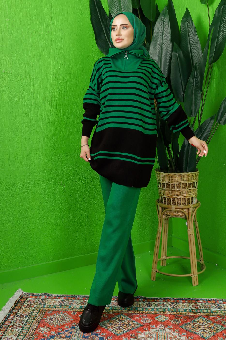 Tesettür giyim YEŞİL FERMUAR DETAYLI ÇİZGİLİ PANTOLONLU TRİKO TAKIM T 3208