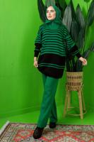 Tesettür giyim YEŞİL FERMUAR DETAYLI ÇİZGİLİ PANTOLONLU TRİKO TAKIM T 3208