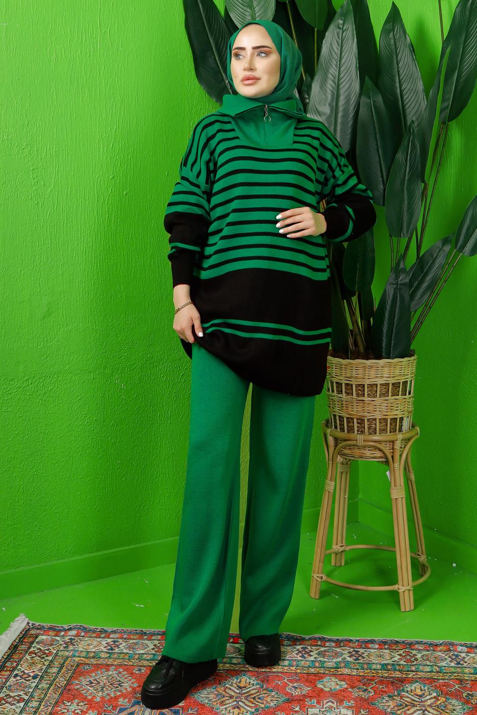 Tesettür giyim YEŞİL FERMUAR DETAYLI ÇİZGİLİ PANTOLONLU TRİKO TAKIM T 3208