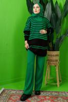 Tesettür giyim YEŞİL FERMUAR DETAYLI ÇİZGİLİ PANTOLONLU TRİKO TAKIM T 3208