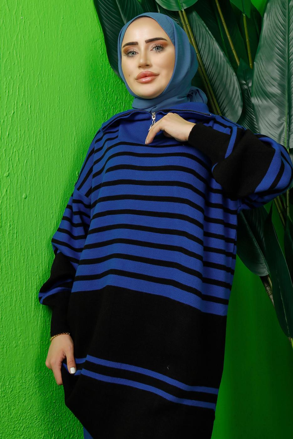 Tesettür giyim LACİVERT FERMUAR DETAYLI ÇİZGİLİ PANTOLONLU TRİKO TAKIM T 3208