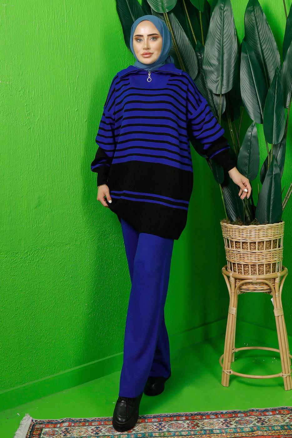Tesettür giyim LACİVERT FERMUAR DETAYLI ÇİZGİLİ PANTOLONLU TRİKO TAKIM T 3208