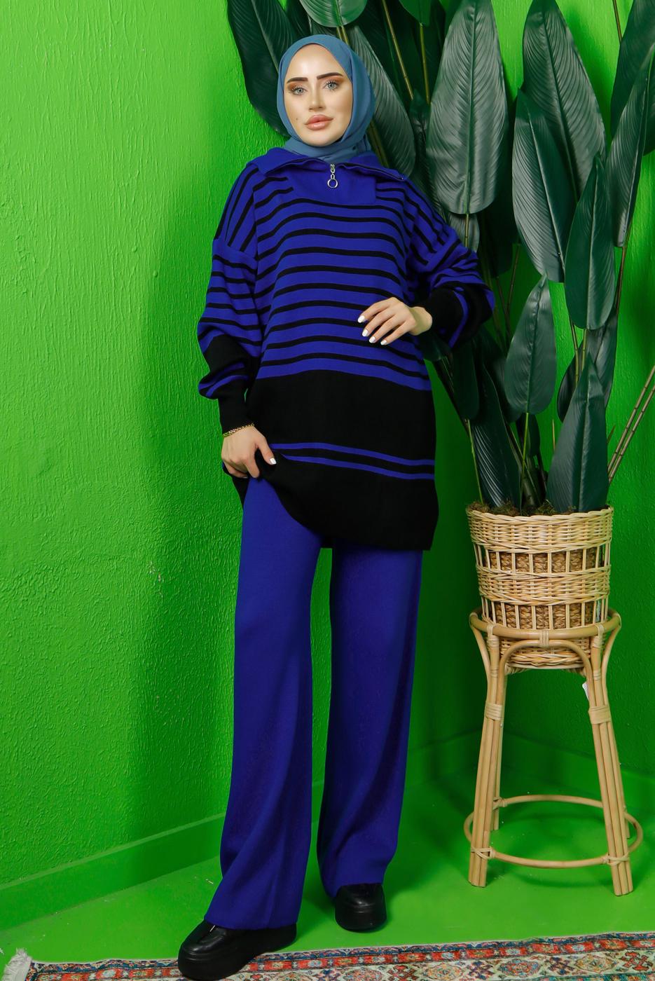 Tesettür giyim LACİVERT FERMUAR DETAYLI ÇİZGİLİ PANTOLONLU TRİKO TAKIM T 3208