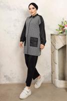 Tesettür giyim SİYAH KAZAYAĞI DESENLİ PANTOLONLU TAKIM T 3243