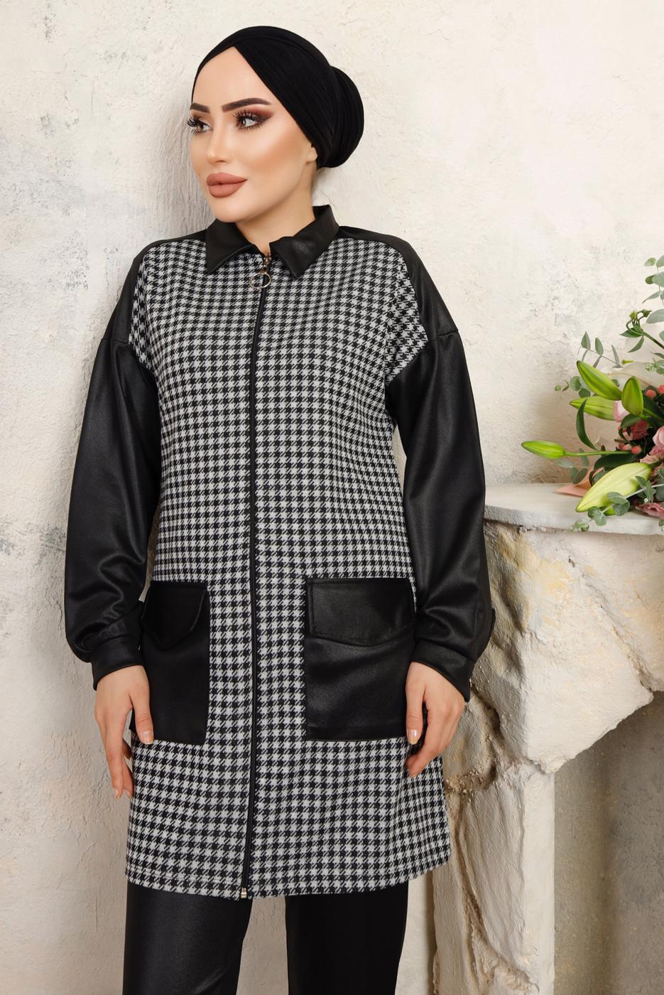 Tesettür giyim SİYAH KAZAYAĞI DESENLİ PANTOLONLU TAKIM T 3243