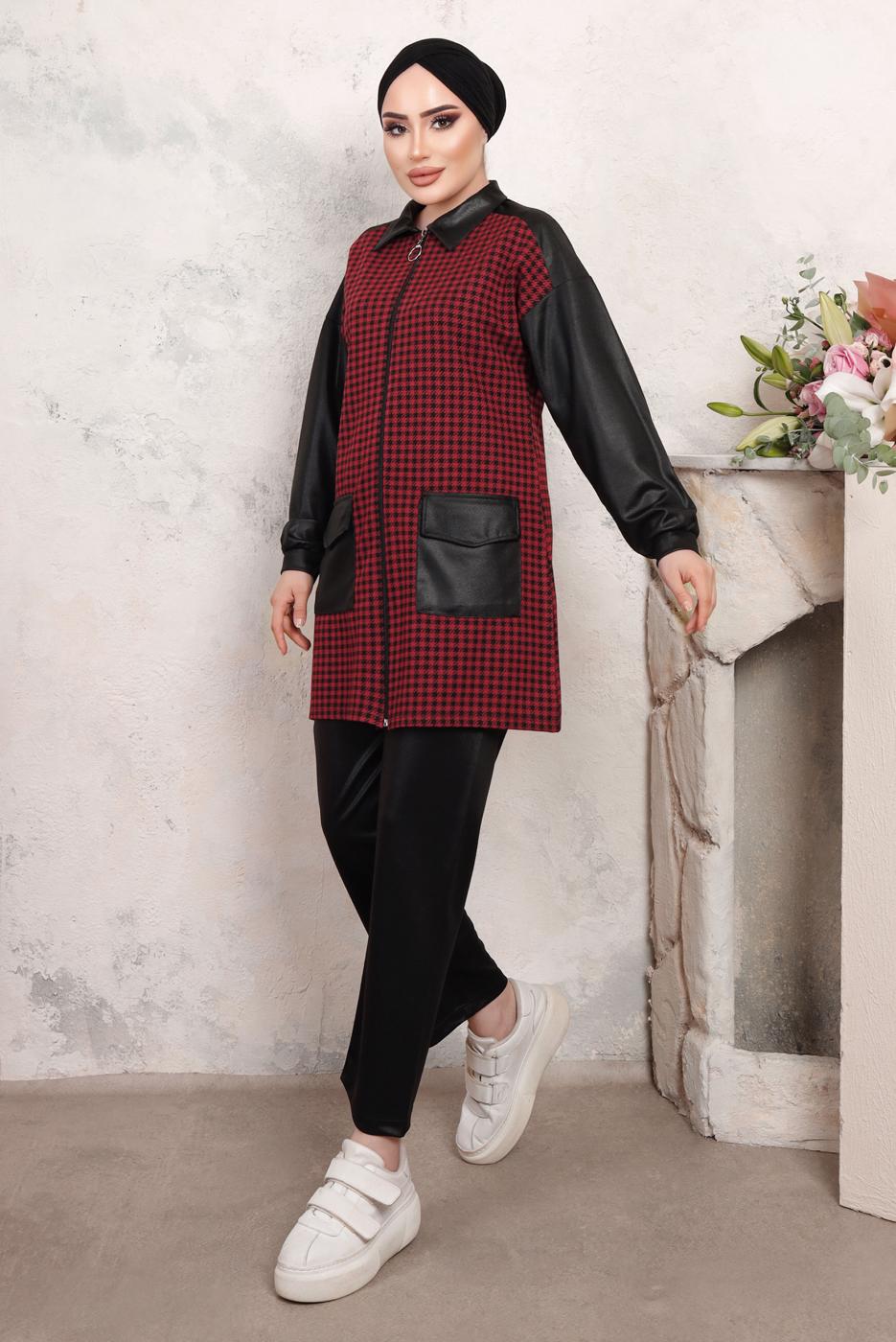 Tesettür giyim BORDO KAZAYAĞI DESENLİ PANTOLONLU TAKIM T 3243