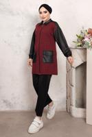 Tesettür giyim BORDO KAZAYAĞI DESENLİ PANTOLONLU TAKIM T 3243