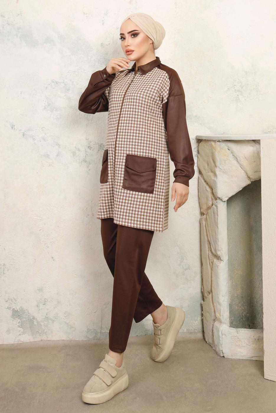 Tesettür giyim KAHVE KAZAYAĞI DESENLİ PANTOLONLU TAKIM T 3243