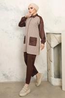 Tesettür giyim KAHVE KAZAYAĞI DESENLİ PANTOLONLU TAKIM T 3243