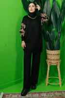Tesettür giyim SİYAH KOLU DESENLİ ZİNCİR DETAYLI PANTOLONLU TRİKO TAKIM T 3408