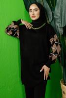 Tesettür giyim SİYAH KOLU DESENLİ ZİNCİR DETAYLI PANTOLONLU TRİKO TAKIM T 3408