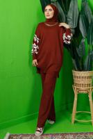 Tesettür giyim BORDO KOLU DESENLİ ZİNCİR DETAYLI PANTOLONLU TRİKO TAKIM T 3408