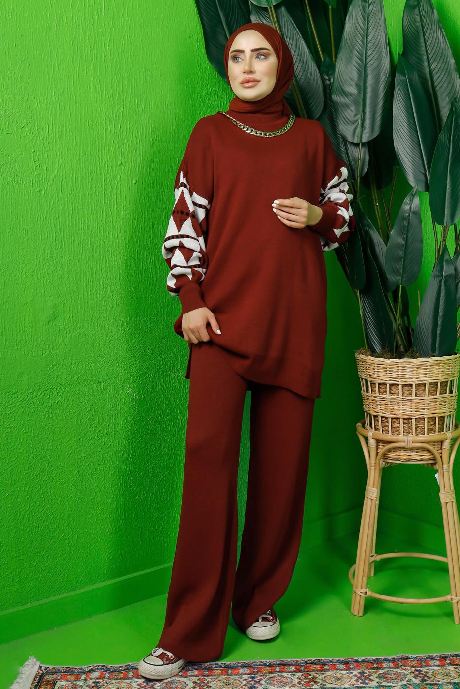Tesettür giyim BORDO KOLU DESENLİ ZİNCİR DETAYLI PANTOLONLU TRİKO TAKIM T 3408