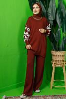 Tesettür giyim BORDO KOLU DESENLİ ZİNCİR DETAYLI PANTOLONLU TRİKO TAKIM T 3408
