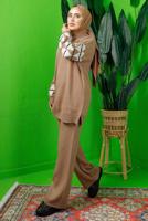 Tesettür giyim KAHVE KOLU DESENLİ ZİNCİR DETAYLI PANTOLONLU TRİKO TAKIM T 3408