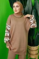 Tesettür giyim KAHVE KOLU DESENLİ ZİNCİR DETAYLI PANTOLONLU TRİKO TAKIM T 3408