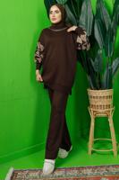 Tesettür giyim KAHVE KOLU DESENLİ ZİNCİR DETAYLI PANTOLONLU TRİKO TAKIM T 3408