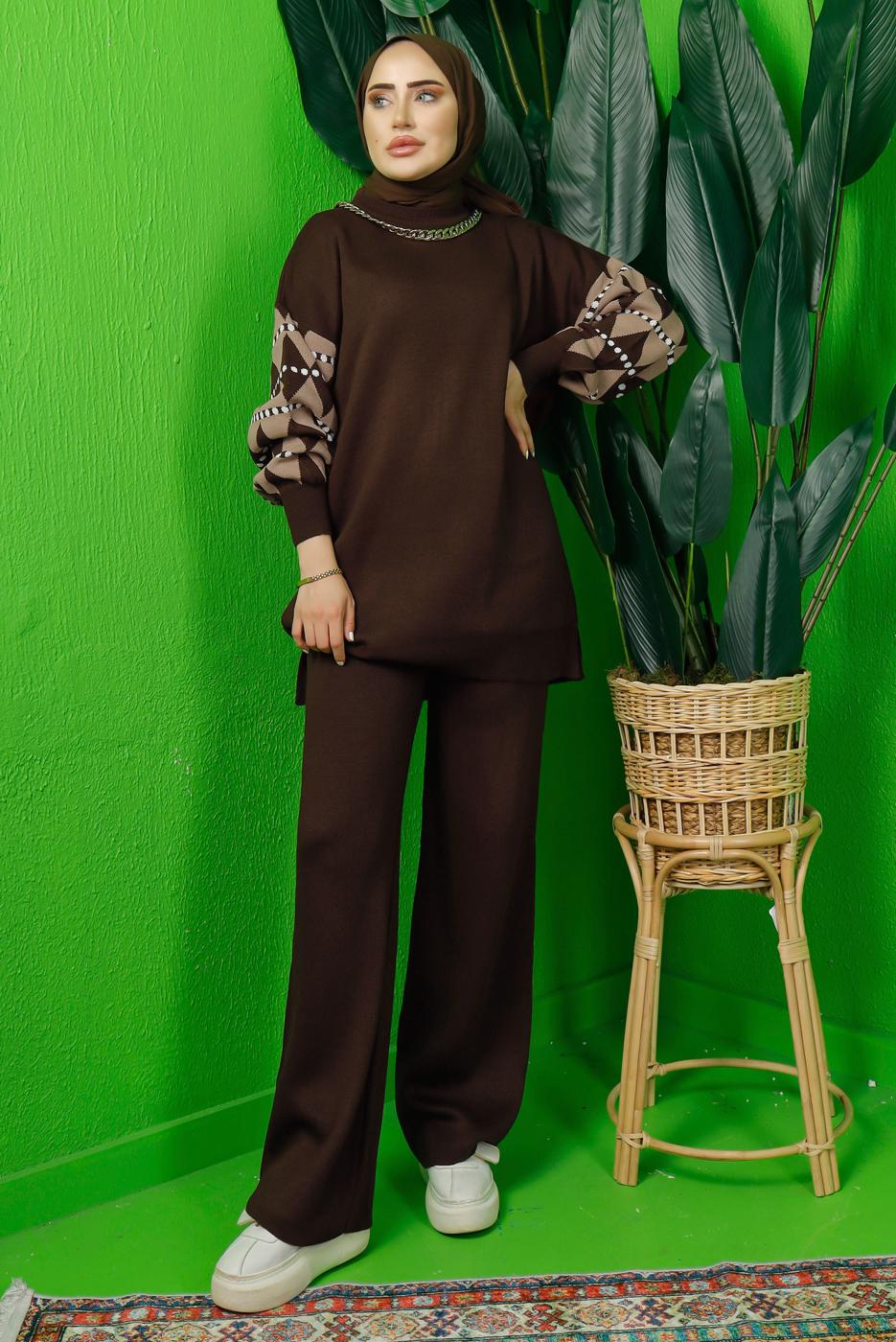 Tesettür giyim KAHVE KOLU DESENLİ ZİNCİR DETAYLI PANTOLONLU TRİKO TAKIM T 3408