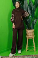 Tesettür giyim KAHVE KOLU DESENLİ ZİNCİR DETAYLI PANTOLONLU TRİKO TAKIM T 3408