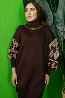 Tesettür giyim KAHVE KOLU DESENLİ ZİNCİR DETAYLI PANTOLONLU TRİKO TAKIM T 3408